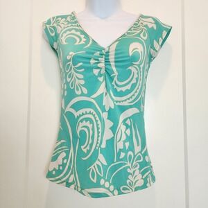Y2K Turquoise Retro Abstract Print Ruched V-Neck Cap Sleeve Top‎ Boho Beach S/M